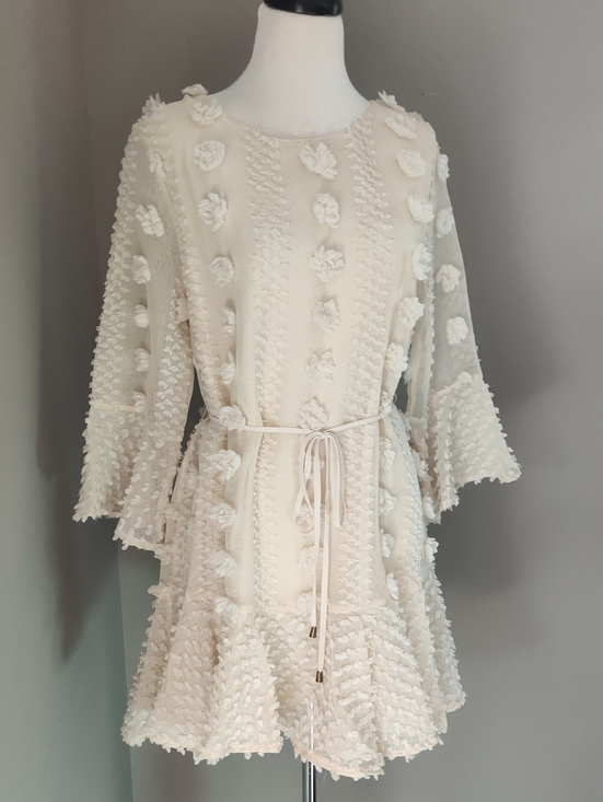 entro Dresses & Skirts - Entro Cream Textured Lined Mini Dress with Floral Appliqués And Bell Sleeves